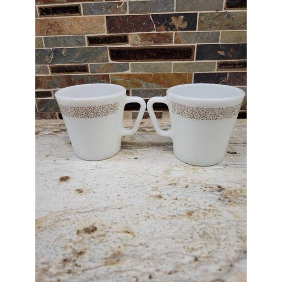 2 Vintage Woodland Mugs, Pyrex Cups, Milk Glass, D Handle, Dishes Dinnerware - Picture 3 of 6